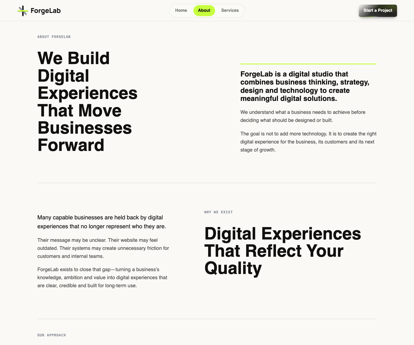 ForgeLab website showing its digital studio positioning and business-first approach